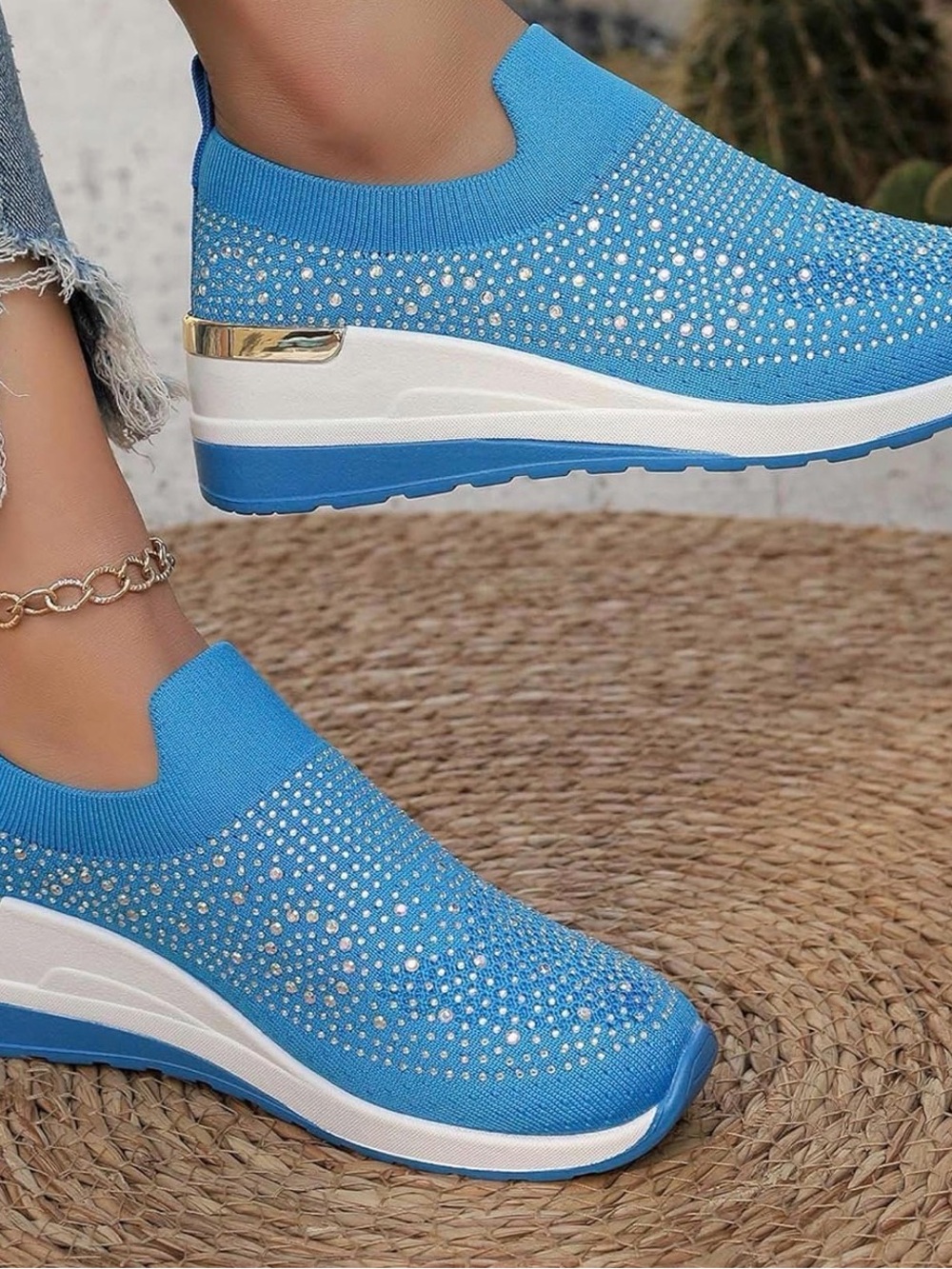 Slip-On Blue Crystal Knit Platform Sneakers - Women